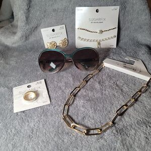Sugar Fix Womens Gold Diamond Ring Chain Necklace Earrings Huge Jewelry Bundle